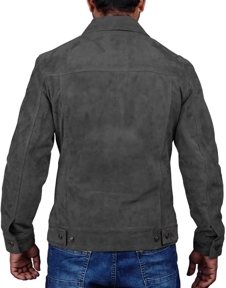 Mens Trucker Suede Leather Jacket Western Style Cowboy Suede Leather Jacket for Mens
