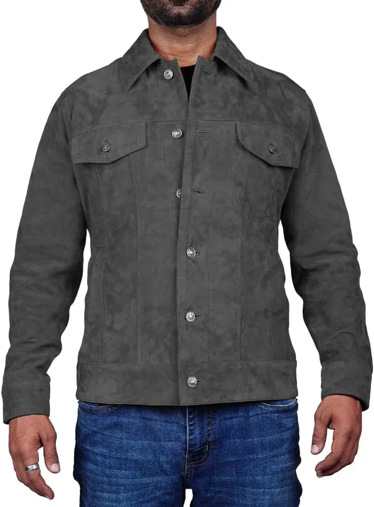 Mens Trucker Suede Leather Jacket Western Style Cowboy Suede Leather Jacket for Mens