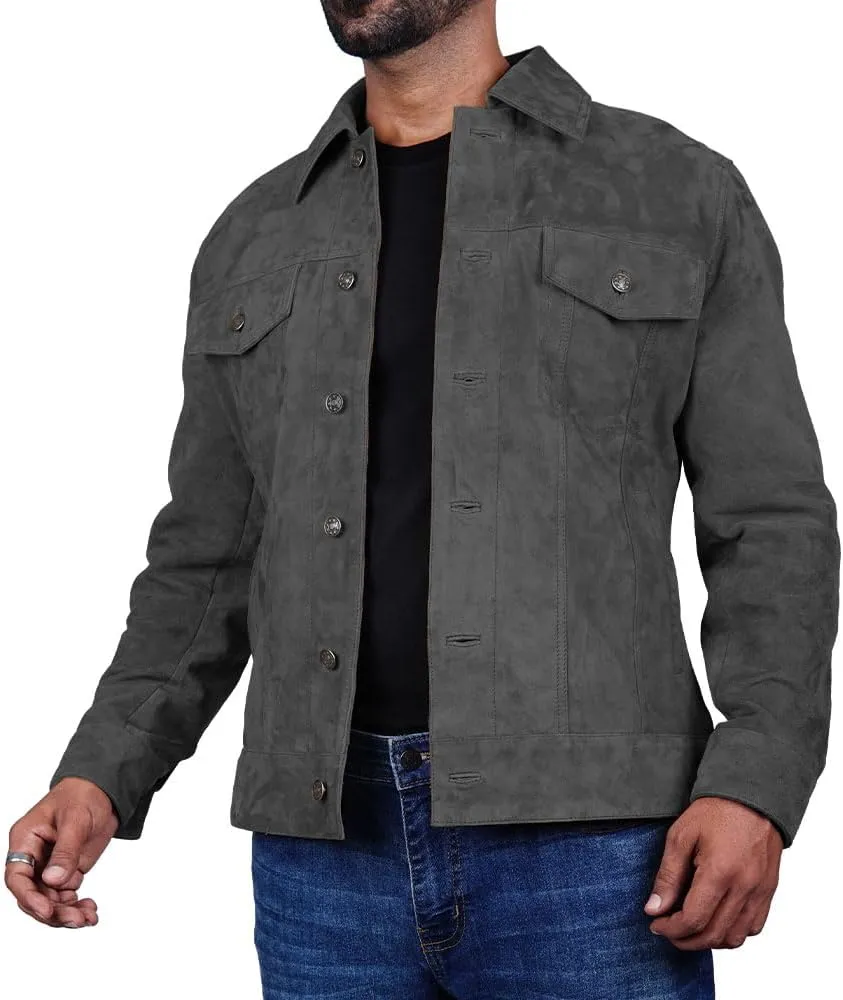 Mens Trucker Suede Leather Jacket Western Style Cowboy Suede Leather Jacket for Mens