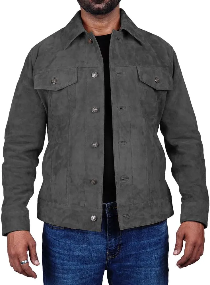 Mens Trucker Suede Leather Jacket Western Style Cowboy Suede Leather Jacket for Mens
