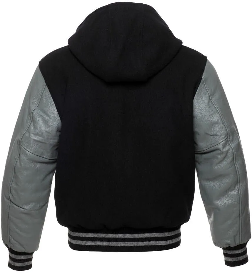 Mens Varsity Jackets Baseball Letterman Wool Body Genuine Leather Sleeves Bomber Jacket with Hood