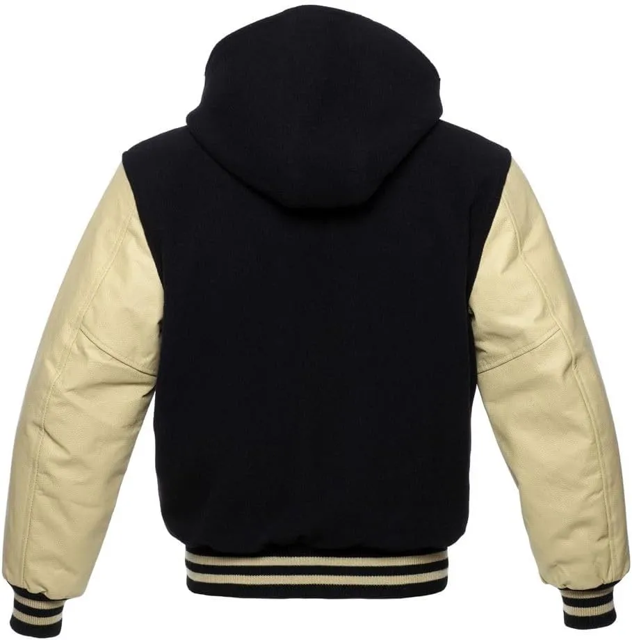 Mens Varsity Jackets Baseball Letterman Wool Body Genuine Leather Sleeves Bomber Jacket with Hood