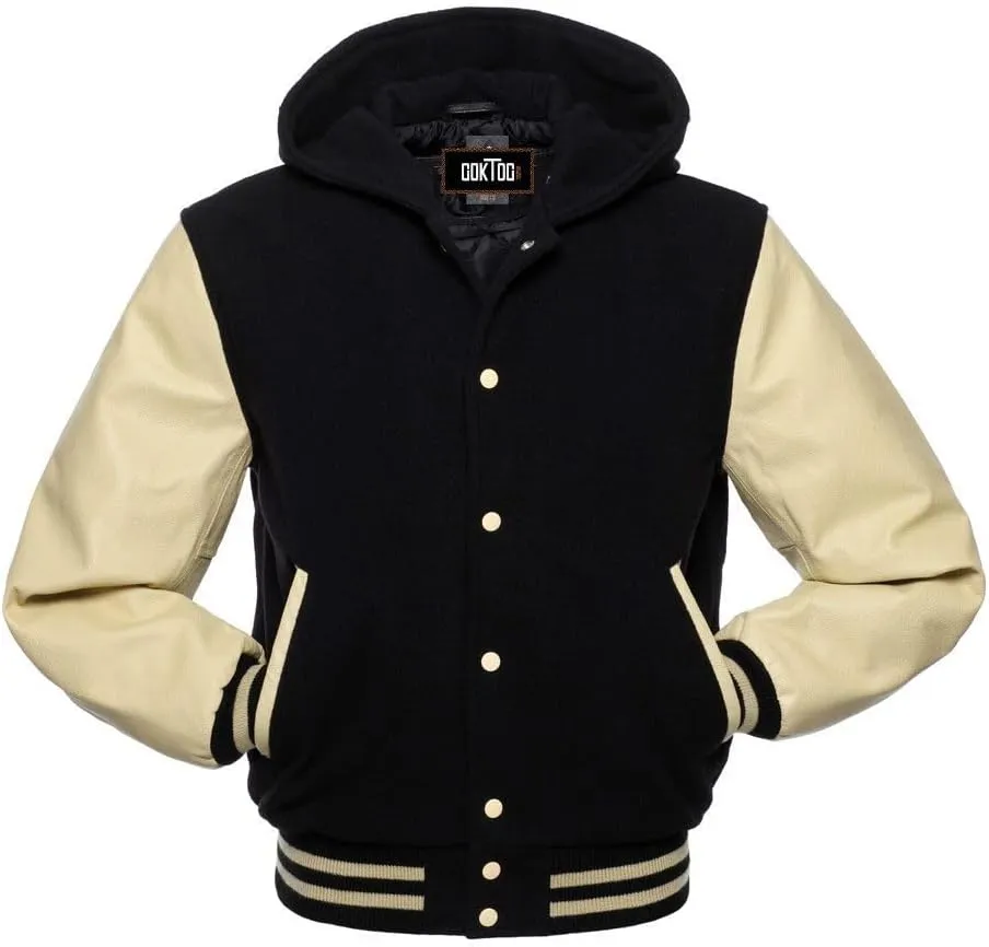 Mens Varsity Jackets Baseball Letterman Wool Body Genuine Leather Sleeves Bomber Jacket with Hood