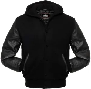 Mens Varsity Jackets Baseball Letterman Wool Body Genuine Leather Sleeves Bomber Jacket with Hood