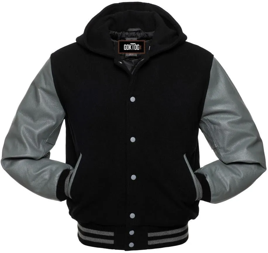 Mens Varsity Jackets Baseball Letterman Wool Body Genuine Leather Sleeves Bomber Jacket with Hood