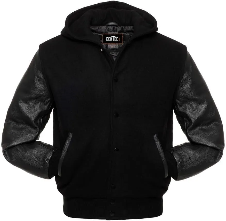 Mens Varsity Jackets Baseball Letterman Wool Body Genuine Leather Sleeves Bomber Jacket with Hood