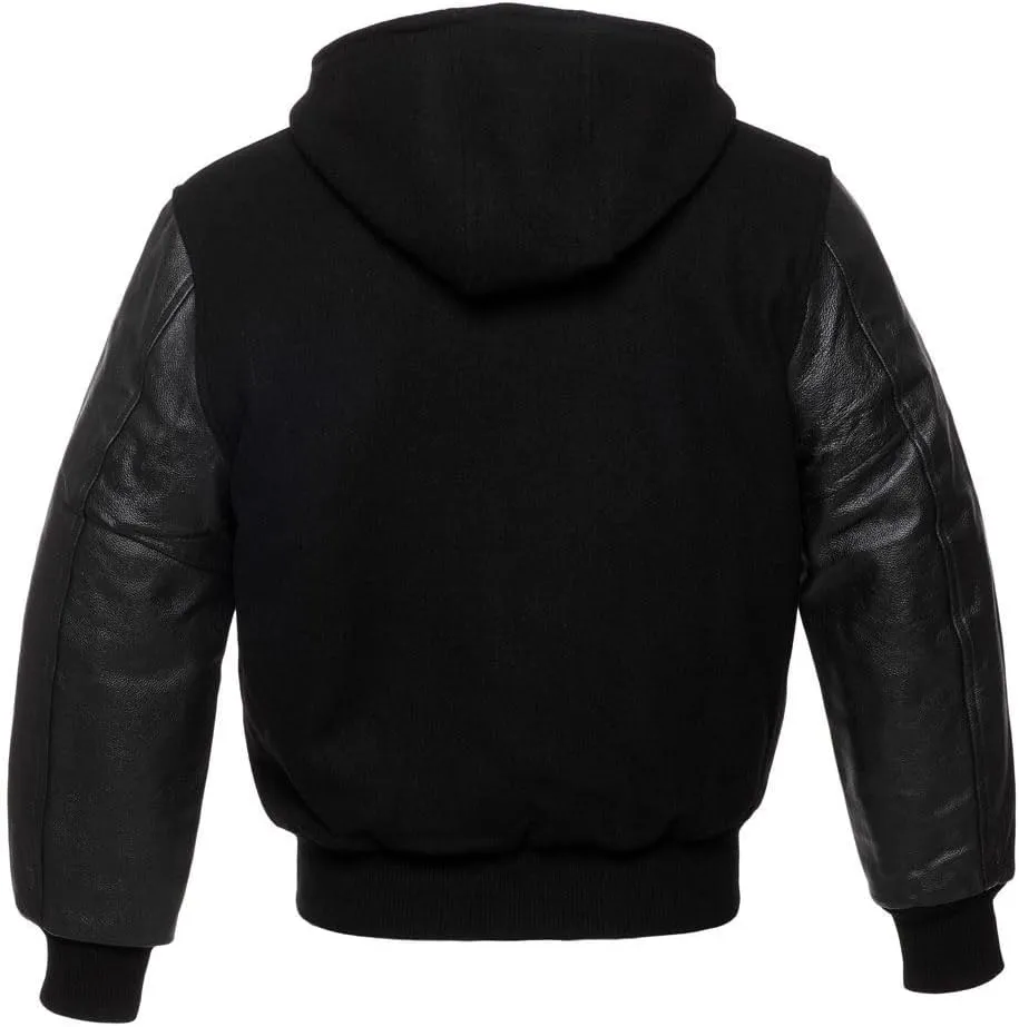 Mens Varsity Jackets Baseball Letterman Wool Body Genuine Leather Sleeves Bomber Jacket with Hood