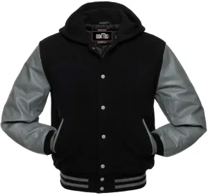 Mens Varsity Jackets Baseball Letterman Wool Body Genuine Leather Sleeves Bomber Jacket with Hood