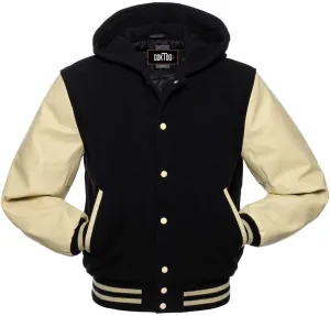 Mens Varsity Jackets Baseball Letterman Wool Body Genuine Leather Sleeves Bomber Jacket with Hood