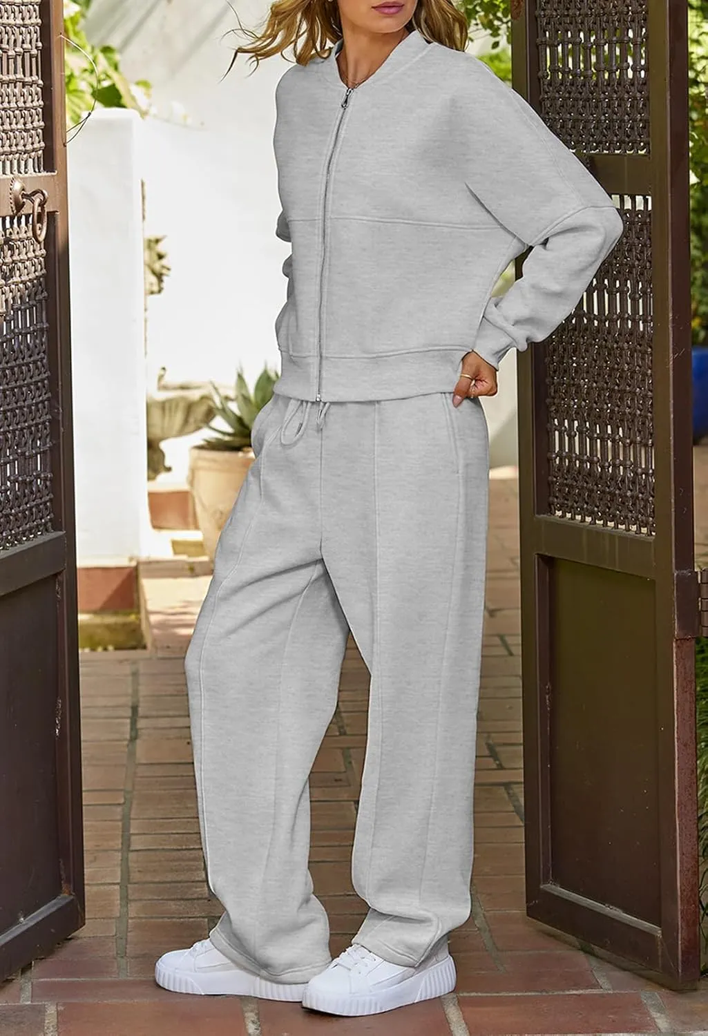 MEROKEETY Women's Fall 2 Piece Sweatsuits Set Long Sleeve Zip Up Sweatshirt Wide Leg Sweatpants Lounge Sets