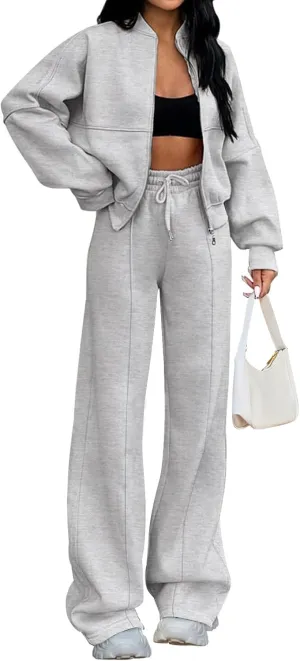 MEROKEETY Women's Fall 2 Piece Sweatsuits Set Long Sleeve Zip Up Sweatshirt Wide Leg Sweatpants Lounge Sets