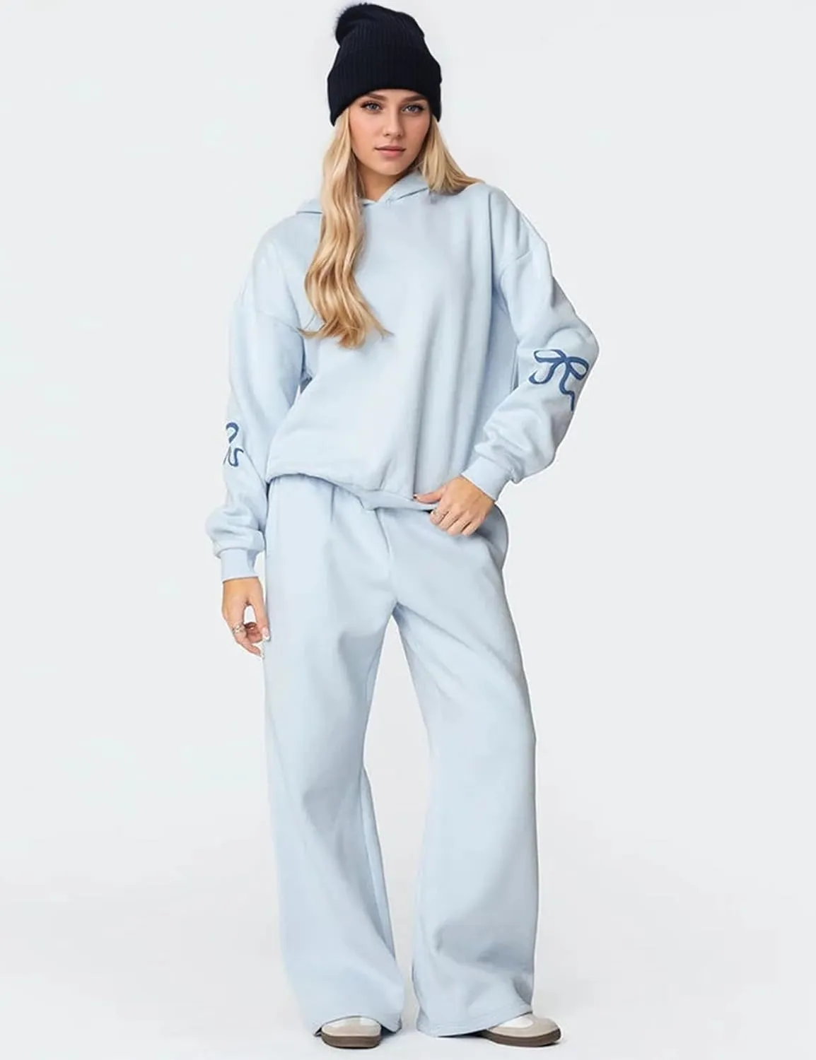 MISSACTIVER Women's 2 Piece Sweatsuits Outfits Bow Trim Graphic Hoodie Oversized Sweatshirt Jogger Sweatpants Tracksuit Set