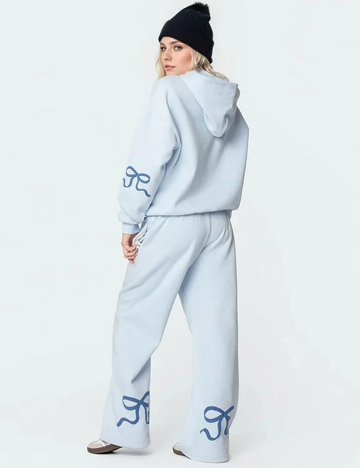 MISSACTIVER Women's 2 Piece Sweatsuits Outfits Bow Trim Graphic Hoodie Oversized Sweatshirt Jogger Sweatpants Tracksuit Set