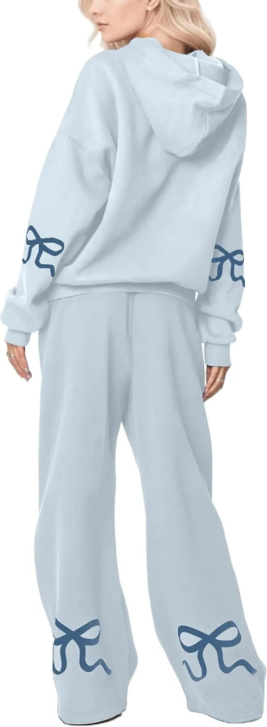 MISSACTIVER Women's 2 Piece Sweatsuits Outfits Bow Trim Graphic Hoodie Oversized Sweatshirt Jogger Sweatpants Tracksuit Set