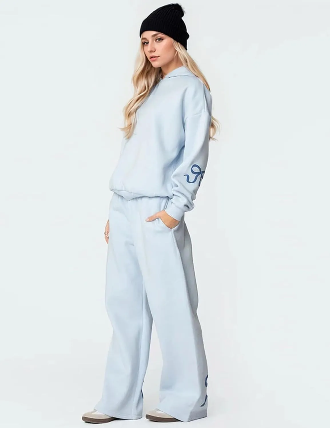 MISSACTIVER Women's 2 Piece Sweatsuits Outfits Bow Trim Graphic Hoodie Oversized Sweatshirt Jogger Sweatpants Tracksuit Set