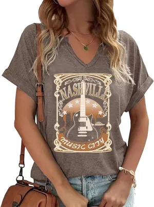 Nashville Music City T-Shirt Womens Country Music Oversized Shirts Rock Band Tshirt Vintage Guitar Wings Graphic Tees