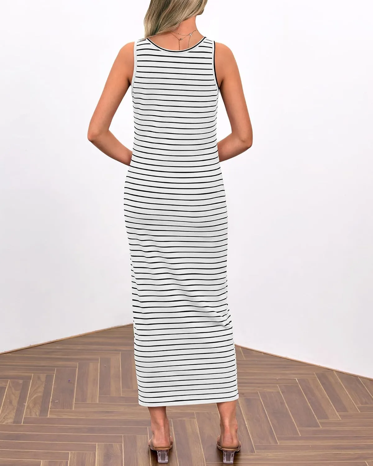 NOLLSOM Women Casual Sleeveless Striped Tank Midi Dresses Spring U Neck Bodycon Dresses T Shirt Summer Dress