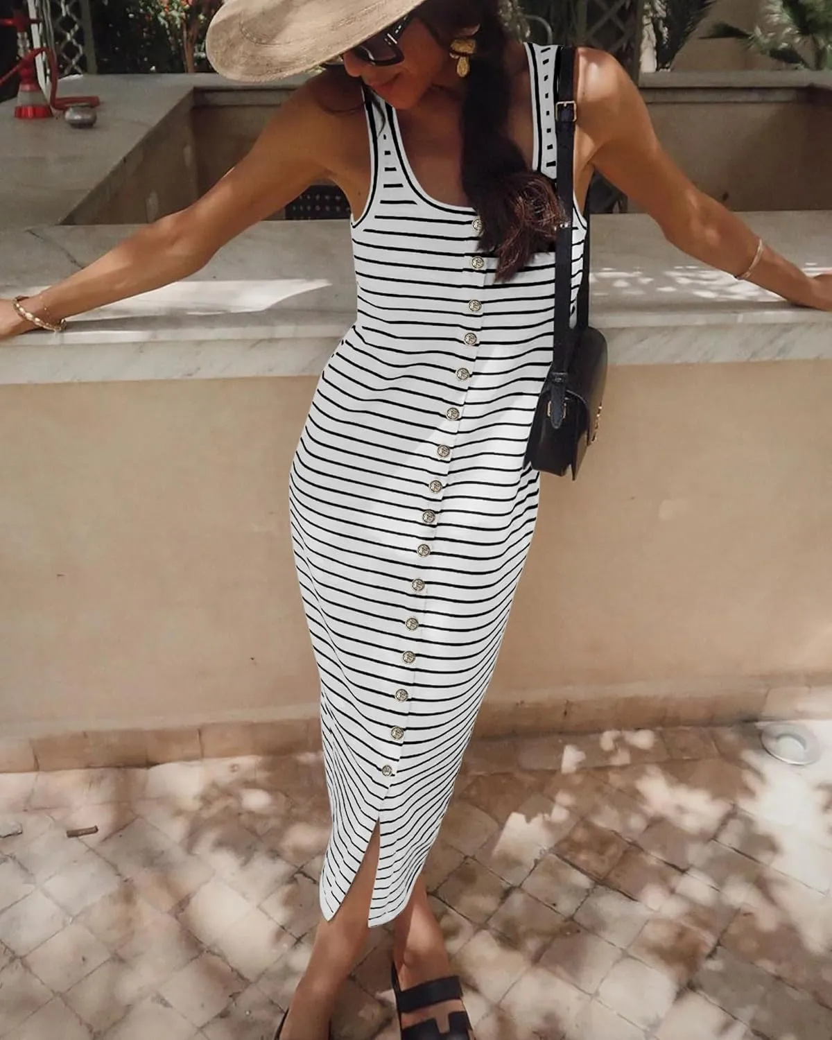 NOLLSOM Women Casual Sleeveless Striped Tank Midi Dresses Spring U Neck Bodycon Dresses T Shirt Summer Dress