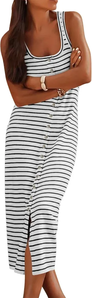 NOLLSOM Women Casual Sleeveless Striped Tank Midi Dresses Spring U Neck Bodycon Dresses T Shirt Summer Dress