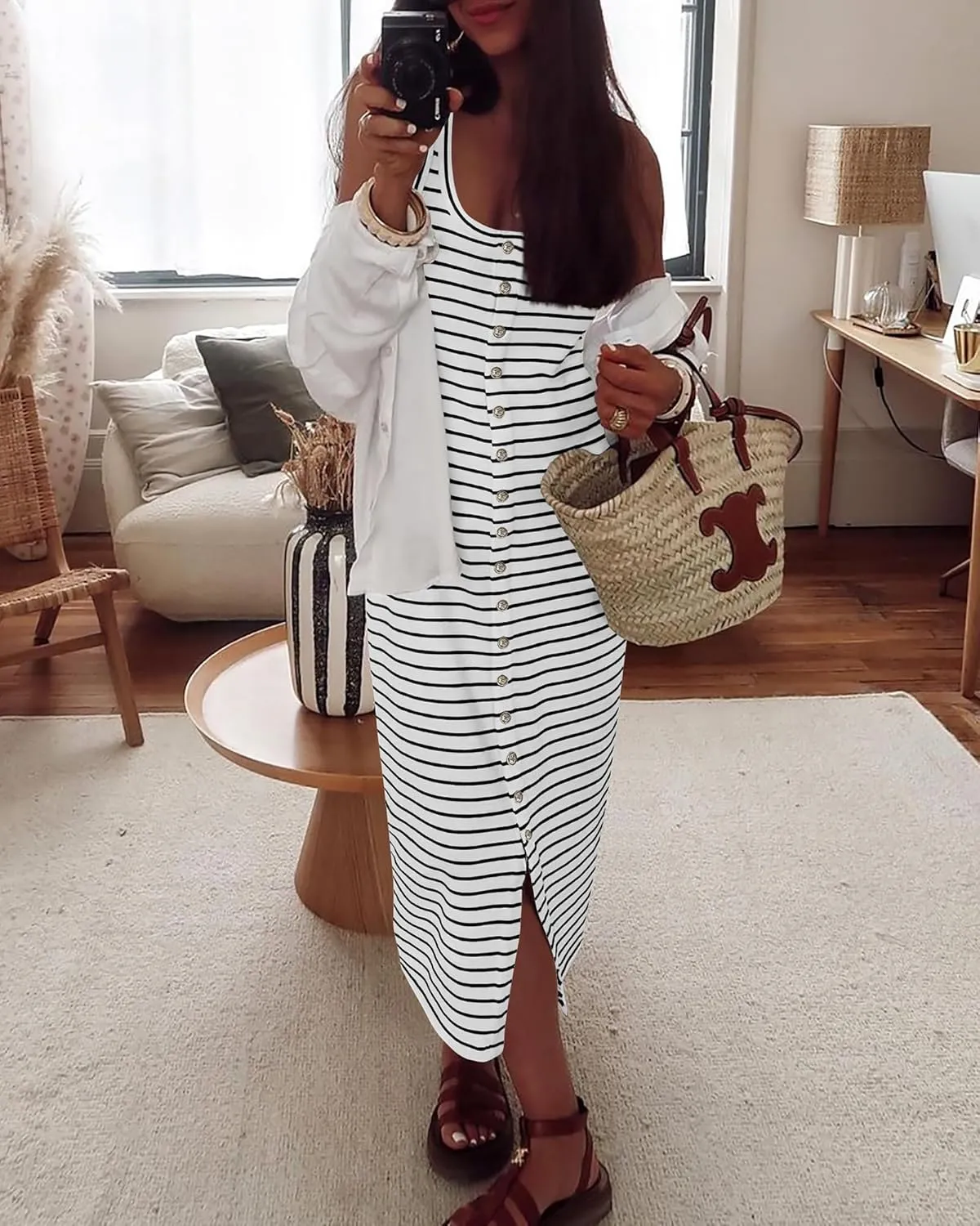 NOLLSOM Women Casual Sleeveless Striped Tank Midi Dresses Spring U Neck Bodycon Dresses T Shirt Summer Dress