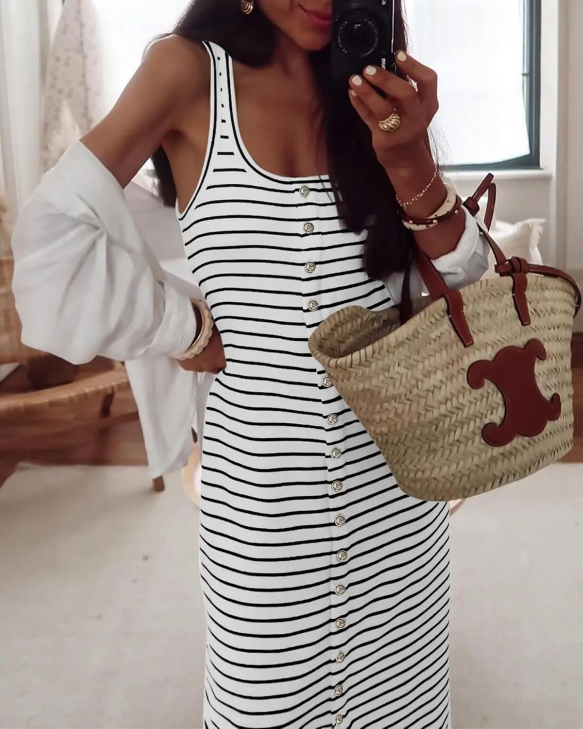 NOLLSOM Women Casual Sleeveless Striped Tank Midi Dresses Spring U Neck Bodycon Dresses T Shirt Summer Dress