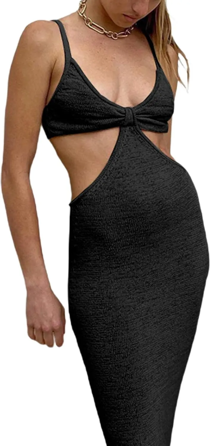 NUFIWI Womens Sexy Knitted Cut Out Spaghetti Strap Long Dresses Halter Neck Backless Maxi Dress Club Party Y2K Streetwear