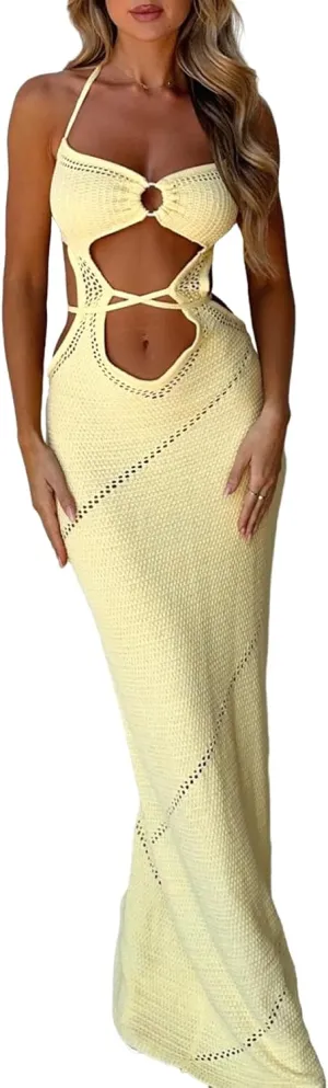 NUFIWI Womens Sexy Knitted Cut Out Spaghetti Strap Long Dresses Halter Neck Backless Maxi Dress Club Party Y2K Streetwear