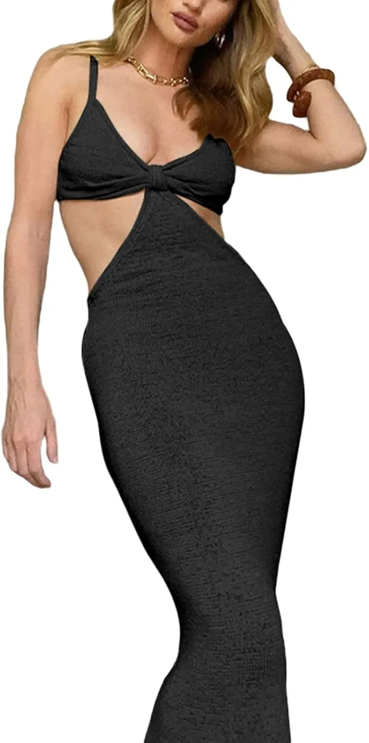NUFIWI Womens Sexy Knitted Cut Out Spaghetti Strap Long Dresses Halter Neck Backless Maxi Dress Club Party Y2K Streetwear