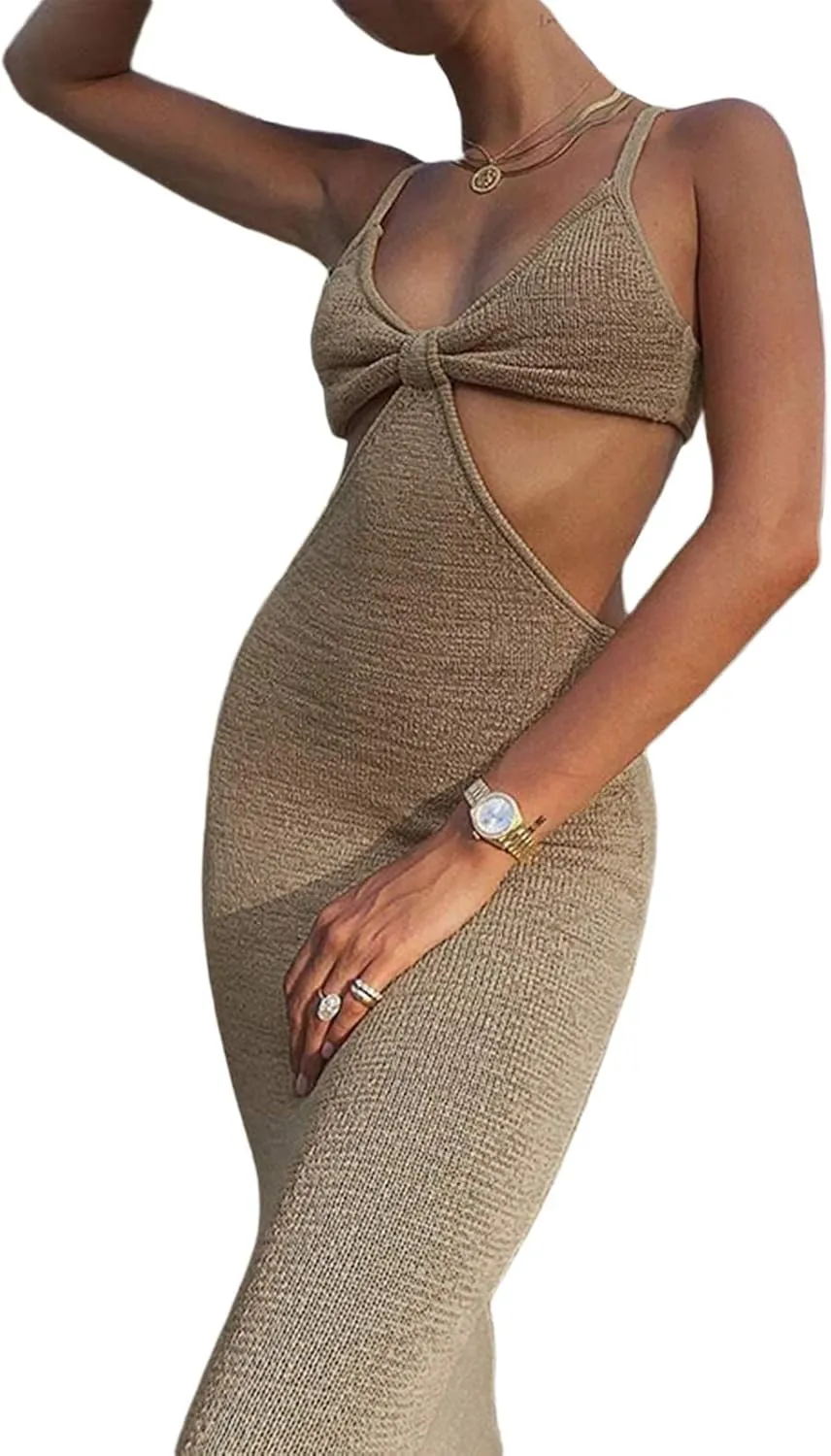 NUFIWI Womens Sexy Knitted Cut Out Spaghetti Strap Long Dresses Halter Neck Backless Maxi Dress Club Party Y2K Streetwear