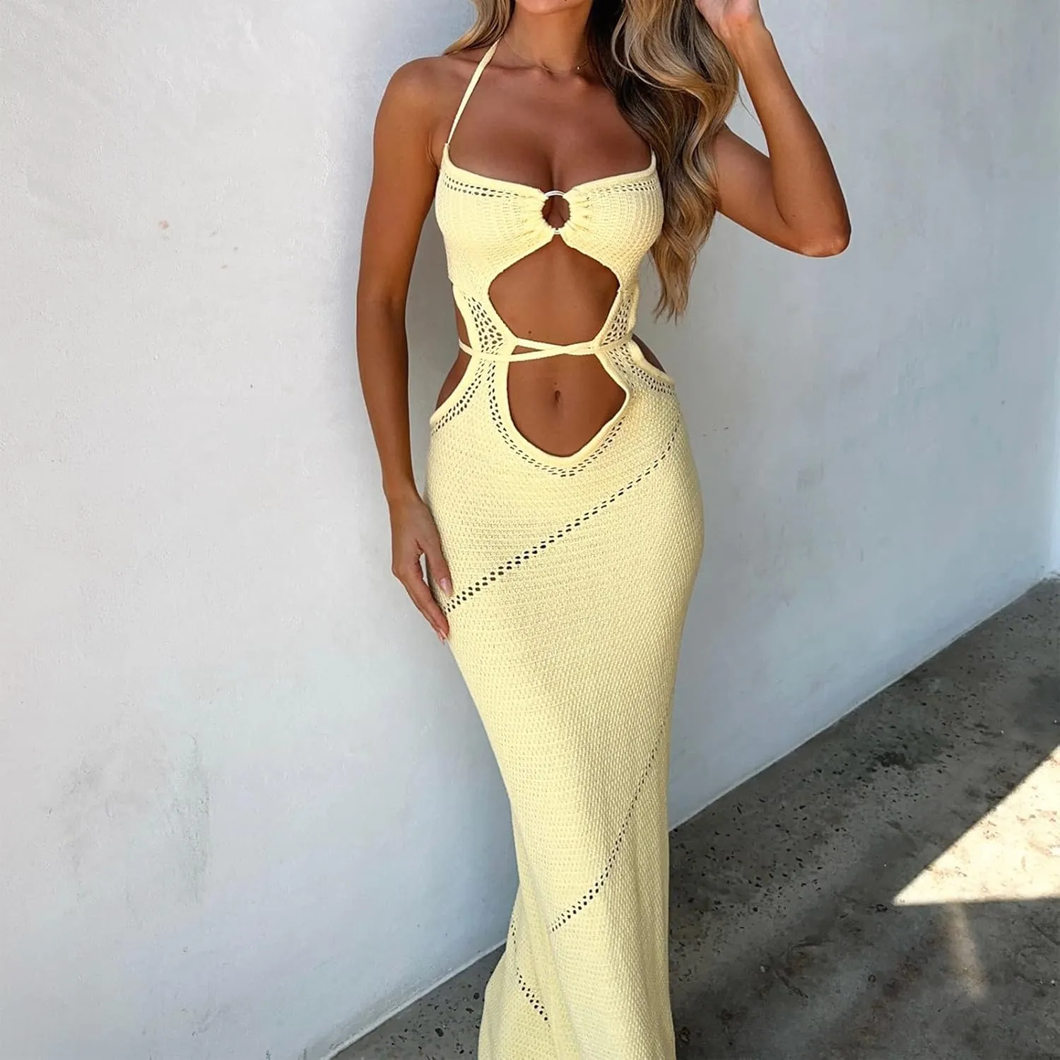 NUFIWI Womens Sexy Knitted Cut Out Spaghetti Strap Long Dresses Halter Neck Backless Maxi Dress Club Party Y2K Streetwear