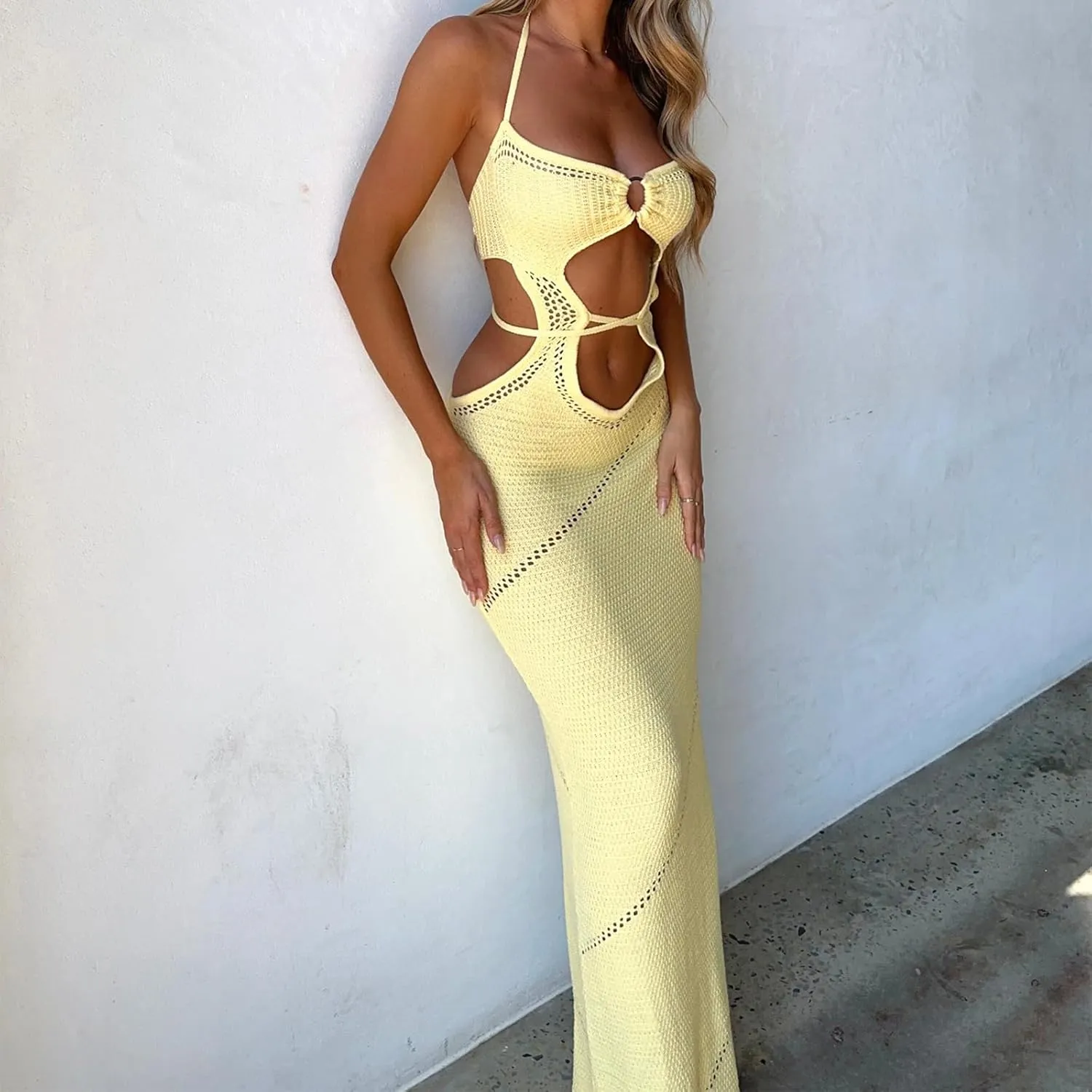 NUFIWI Womens Sexy Knitted Cut Out Spaghetti Strap Long Dresses Halter Neck Backless Maxi Dress Club Party Y2K Streetwear