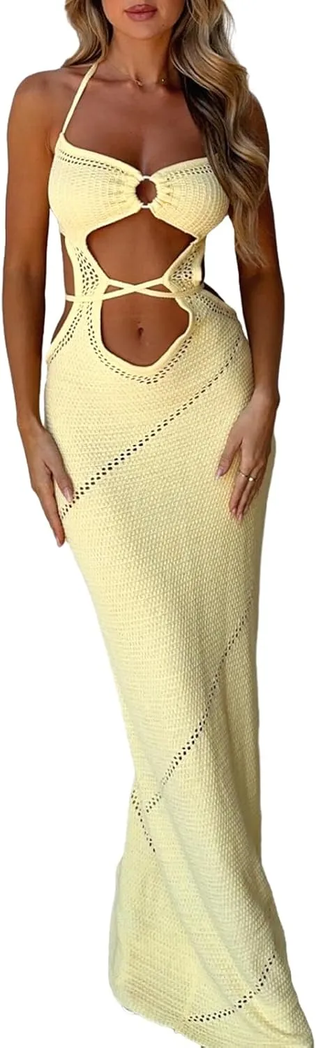 NUFIWI Womens Sexy Knitted Cut Out Spaghetti Strap Long Dresses Halter Neck Backless Maxi Dress Club Party Y2K Streetwear