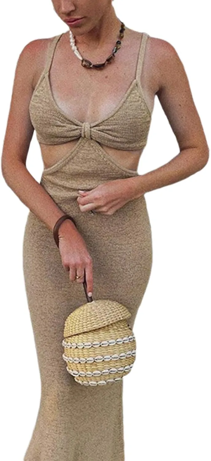 NUFIWI Womens Sexy Knitted Cut Out Spaghetti Strap Long Dresses Halter Neck Backless Maxi Dress Club Party Y2K Streetwear