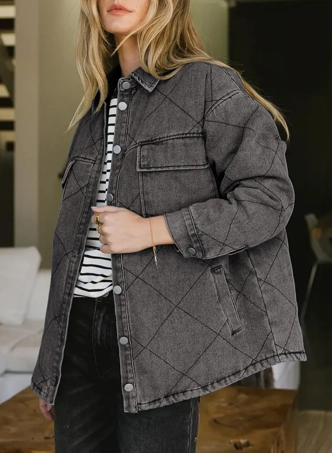 Omoone Women's Oversized Mid Long Denim Jacket Long Sleeve Button Up Pockets Jean Jacket Coat