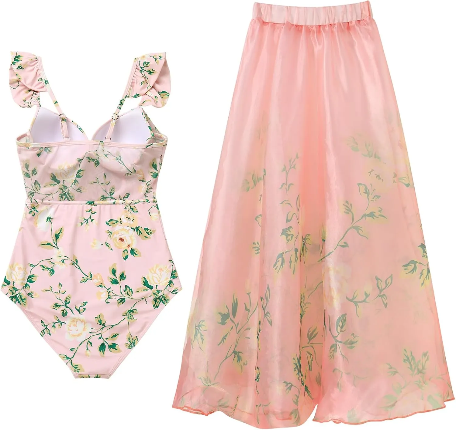 One Piece Bathing Suit with Matching Sarong Halter Floral Sexy Swimsuit Cover Up Flattering Monokini Maxi Skirt