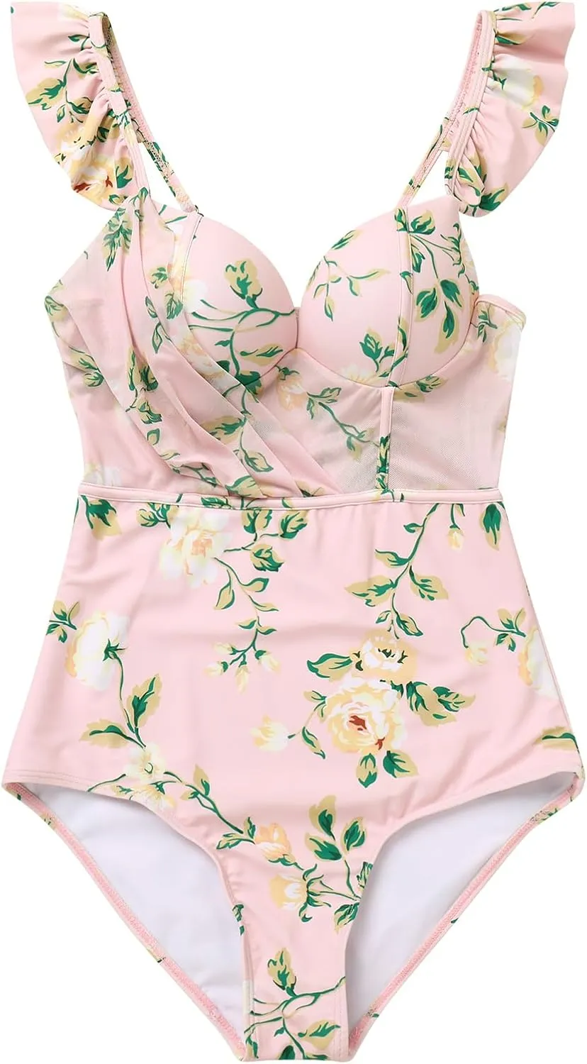 One Piece Bathing Suit with Matching Sarong Halter Floral Sexy Swimsuit Cover Up Flattering Monokini Maxi Skirt