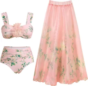 One Piece Bathing Suit with Matching Sarong Halter Floral Sexy Swimsuit Cover Up Flattering Monokini Maxi Skirt