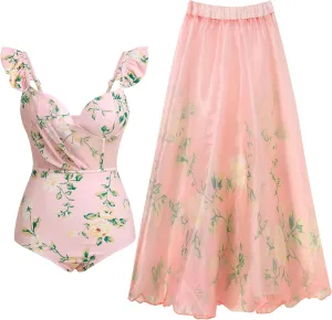 One Piece Bathing Suit with Matching Sarong Halter Floral Sexy Swimsuit Cover Up Flattering Monokini Maxi Skirt