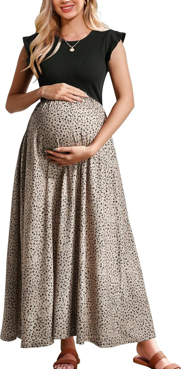 OUGES Women 2025 Spring Summer Dresses Maternity Sleeveless Ribbed Fashion Casual Outfits Maxi Dress with Pockets