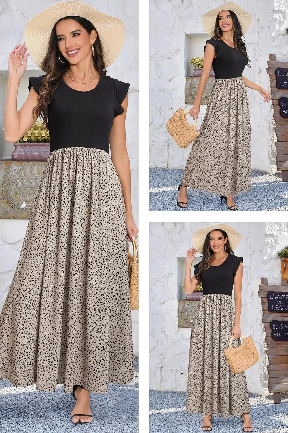 OUGES Women 2025 Spring Summer Dresses Maternity Sleeveless Ribbed Fashion Casual Outfits Maxi Dress with Pockets