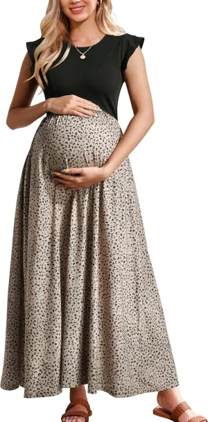OUGES Women 2025 Spring Summer Dresses Maternity Sleeveless Ribbed Fashion Casual Outfits Maxi Dress with Pockets