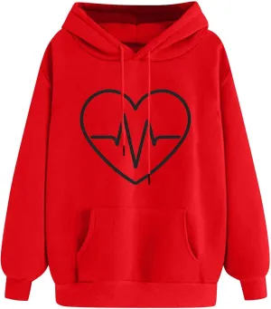Oversized Hoodies For Women Casual Heart Print Long Sleeve Pullover Sweatshirts Loose Fit Tops With Pockets