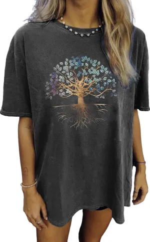 Oversized Tshirts for Women Wildflower Graphic Tees Hiking Crewneck Short Sleeve Clothes Casual Loose Hawaii Tops