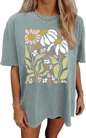 Oversized Tshirts for Women Wildflower Graphic Tees Hiking Crewneck Short Sleeve Clothes Casual Loose Hawaii Tops