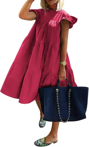 PETYCZEN Casual Summer Dresses for Women Cap Sleeve Mini Tiered Dress Cute A Line Swing Pleated Party Vacation Beach Dresses