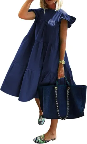 PETYCZEN Casual Summer Dresses for Women Cap Sleeve Mini Tiered Dress Cute A Line Swing Pleated Party Vacation Beach Dresses