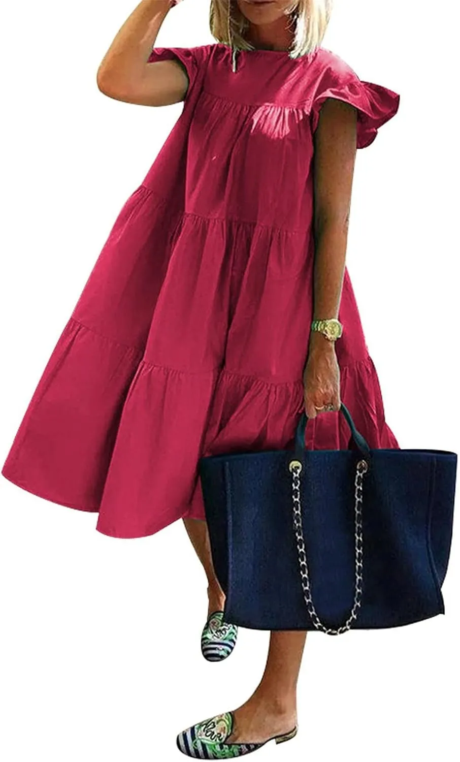 PETYCZEN Casual Summer Dresses for Women Cap Sleeve Mini Tiered Dress Cute A Line Swing Pleated Party Vacation Beach Dresses
