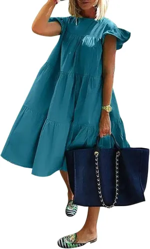PETYCZEN Casual Summer Dresses for Women Cap Sleeve Mini Tiered Dress Cute A Line Swing Pleated Party Vacation Beach Dresses