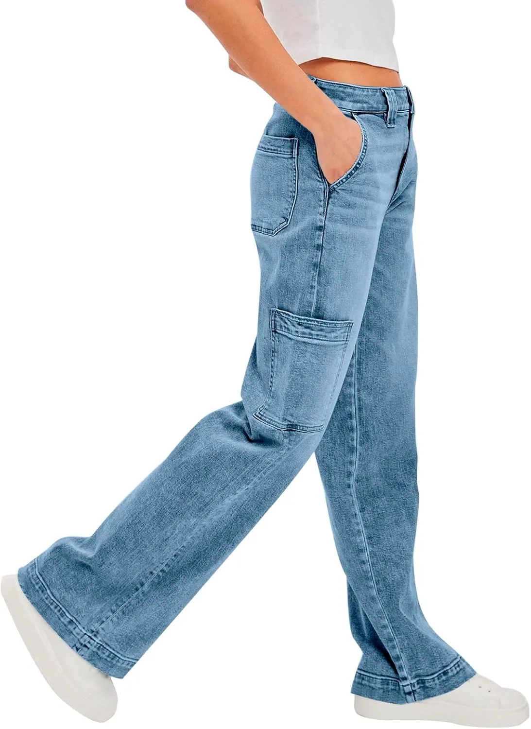 PLNOTME Women's Cargo Jeans Baggy High Waisted Wide Leg Casual Denim Pants with Pockets