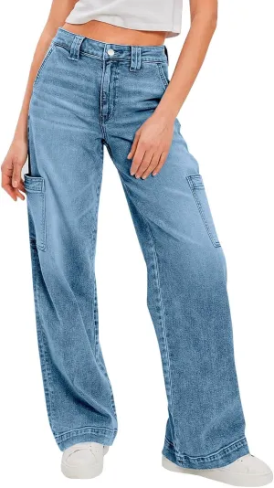PLNOTME Women's Cargo Jeans Baggy High Waisted Wide Leg Casual Denim Pants with Pockets